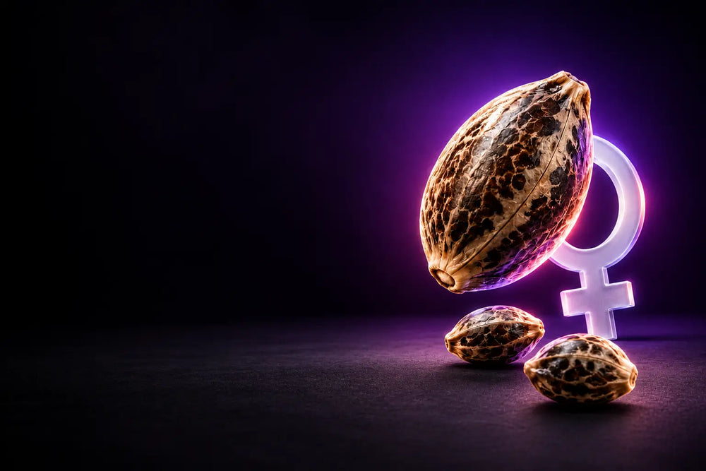 Feminisierte Cannabis-Samen mit weißem weiblichem Symbol und violettem Licht vor dunklem Hintergrund.