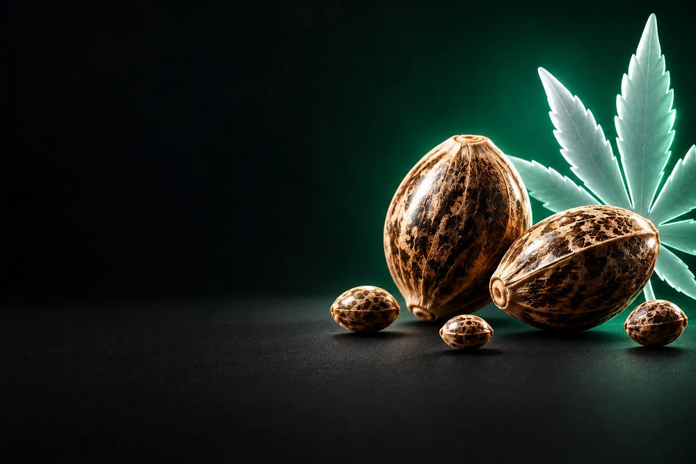 Reguläre Cannabis-Samen mit weißem Hanfblattsymbol und grünem Licht vor dunklem Hintergrund.