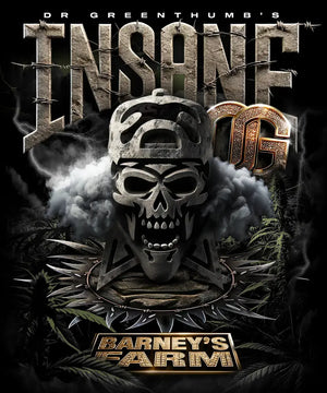 Insane OG von Barney’s Farm (Dr. Greenthumb) – Verpackungs-Artwork mit Totenkopf und OG-Logo