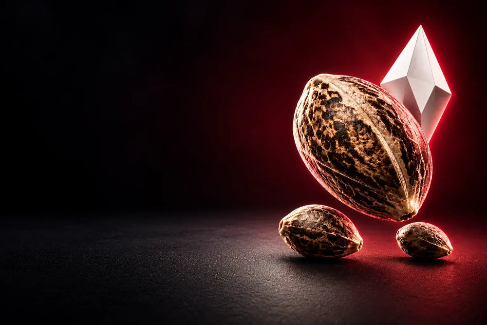 Drei Cannabis-Samen mit weißem Diamantsymbol vor einem dunkelroten Hintergrund – Limited Drops von Only Seeds Europe.