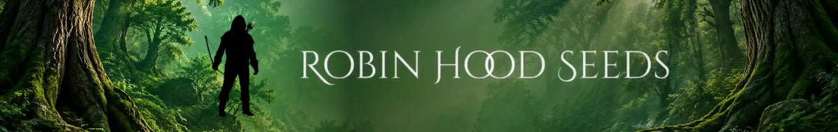 Robin Hood Seeds Logo mit Bogenschützen-Silhouette vor einer grünen Waldkulisse.